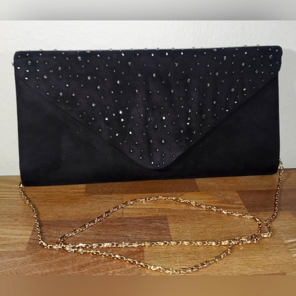 Evening Suede Black Rhinestone Clutch Purse With Gold Chain Strap